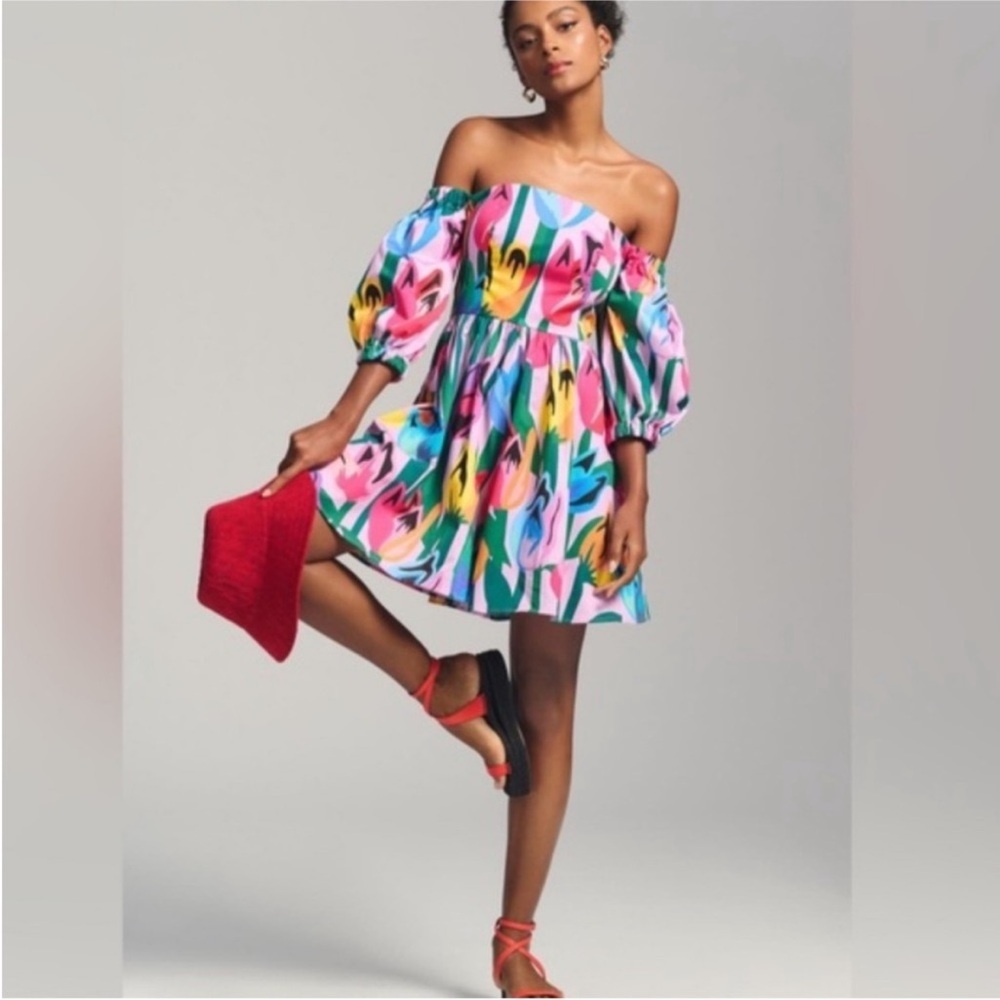 Anthropologie Hutch Babette Off Shoulder Shorts Romper 2 Tropical Vacation - Picture 2 of 6